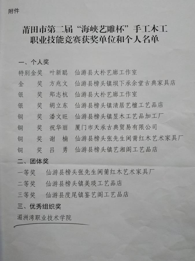 我院荣获莆田市第二届“海峡艺雕杯”手工木工职业技能竞赛优秀组织奖
